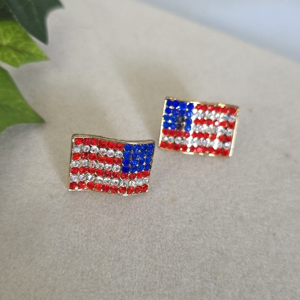 Gold American Flag Earrings with Red White and Blue Rhinestones
